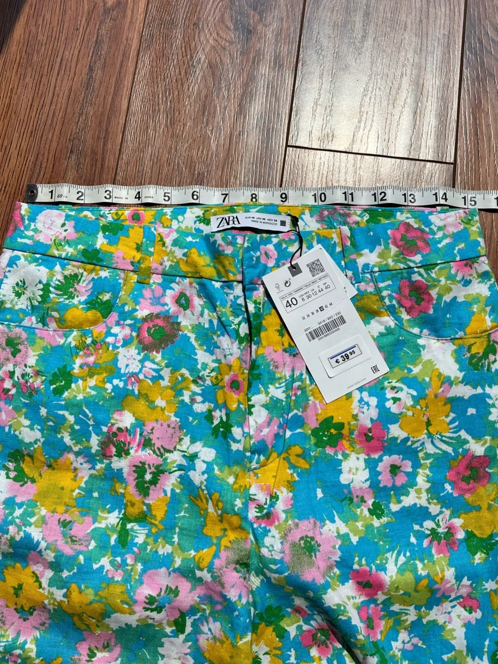 Zara Turquoise Floral linen-blend pants with Pink & Yellow Accents